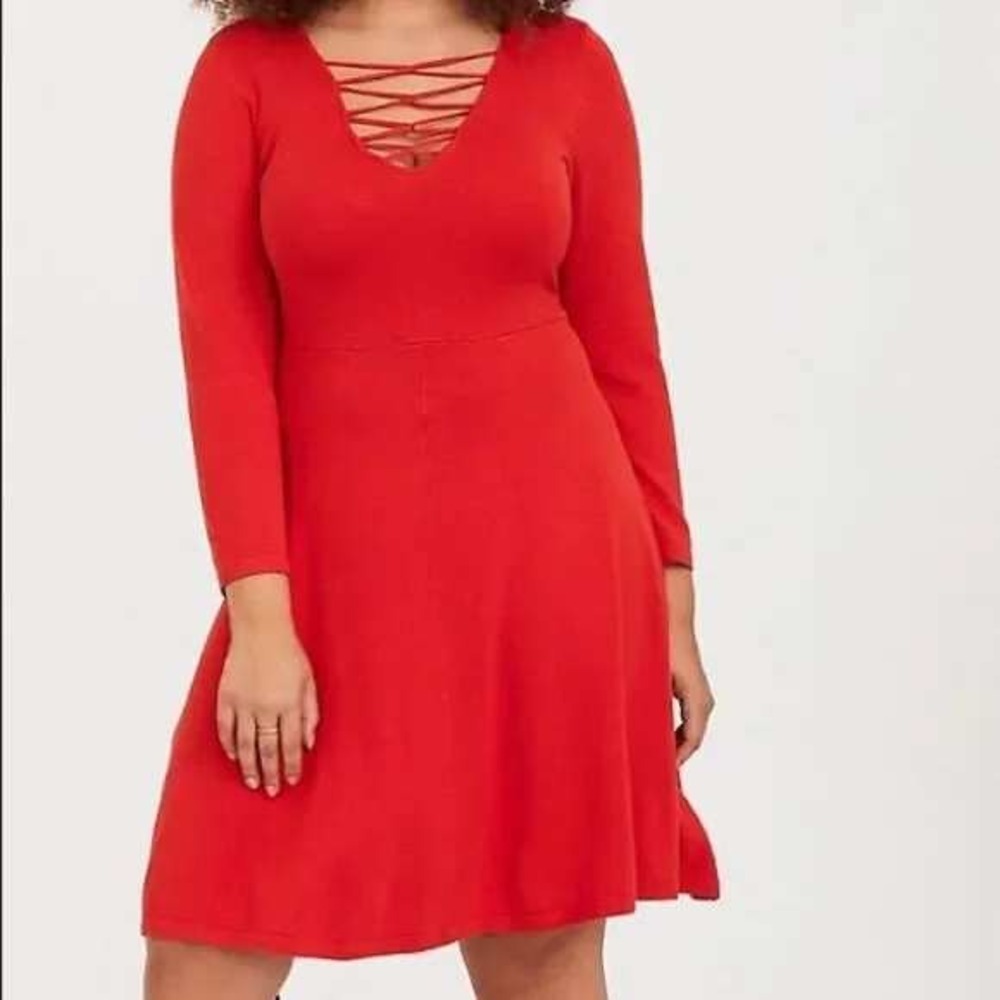 Torrid Red Long Sleeve Sweater Dress Size 4X Lattice‎ Top Skater Fit &Flare NWT